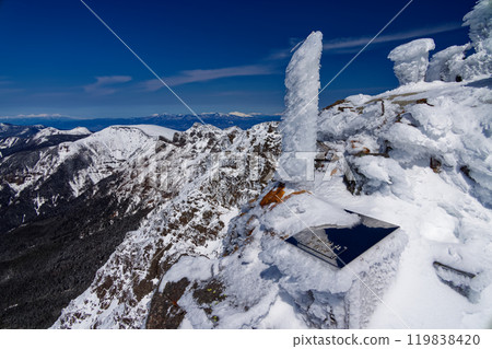 View of Mt. Yokodake, Mt. Iodake, Mt. Tengu and Mt. Asama, Mt. Myoko and Mt. Hiuchi from the summit of Mt. Akadake in the Yatsugatake mountain range in midwinter View of Mt. Yokodake, Mt. Iodake, Mt. Tengu and Mt. Asama, Mt. Myoko and Mt. Hiuchi from the summit of Mt. Akadake in the Yatsugatake mountain range in midwinter 119838420