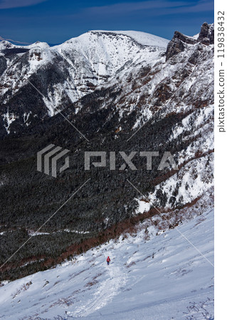 Climbers walking along the Bunzaburo Trail and Mt. Iodake in the Yatsugatake Mountain Range 119838432