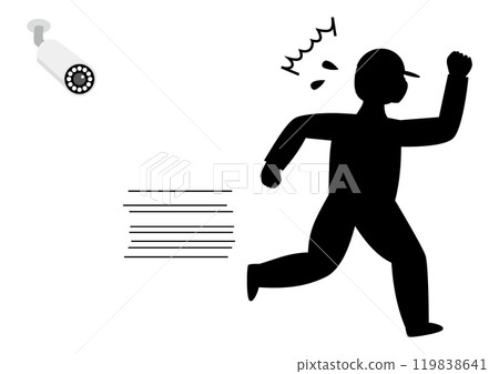 一名男子注意到子彈型安全攝影機並驚慌失措地逃跑,面向右側的剪影 一名男子注意到子彈型安全攝影機並驚慌失措地逃跑,面向右側的剪影 119838641