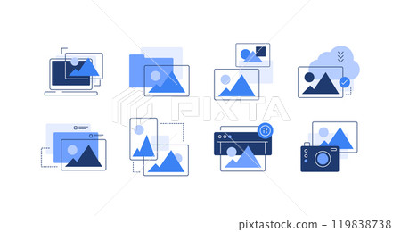 Pc, files, images and photography. Set of flat illustrations Pc, files, images and photography. Set of flat illustrations 119838738