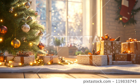 Christmas morning: Living room with presents and a shining tree 119838745