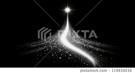 A bright white streak of light ascends towards a glowing star in a dark sky. 119838816