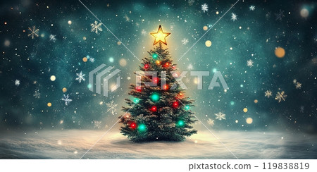 A beautifully decorated Christmas tree stands tall in the snow, illuminated by twinkling lights. A beautifully decorated Christmas tree stands tall in the snow, illuminated by twinkling lights. 119838819