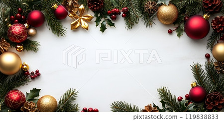 Red and gold Christmas ornaments on a white background. 119838833