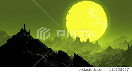 Silhouetted mountains and a castle stand against a vibrant yellow sky. 119838927