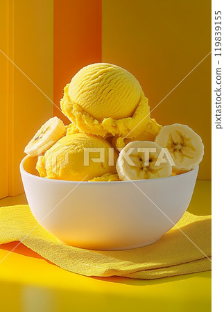 Close up of a bowl of banana ice cream with banana slices. 119839155