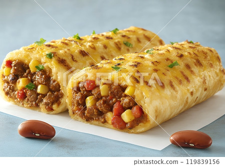 Two cheesy and golden-brown rolled-up burritos, filled with meat, corn, and red peppers, on a white surface. Two cheesy and golden-brown rolled-up burritos, filled with meat, corn, and red peppers, on a white surface. 119839156