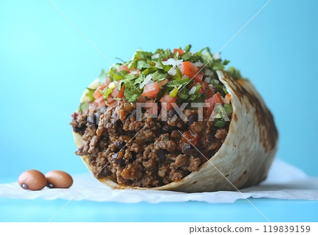 A delicious-looking beef burrito with cilantro and tomato. 119839159