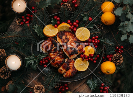 A plate of seared fish surrounded by Christmas greenery, lemons, and candles. 119839183