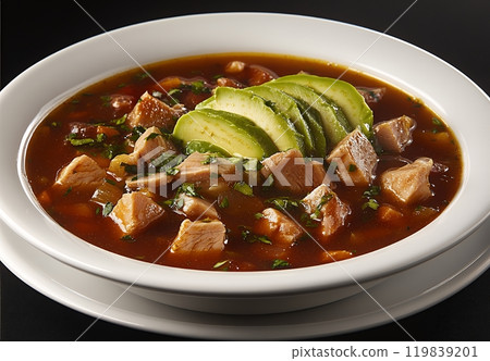 A bowl of hearty soup topped with avocado slices. 119839201