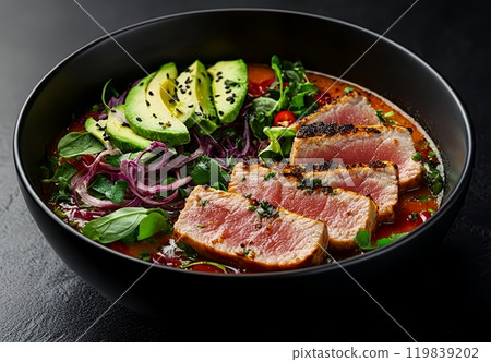 Closeup of a bowl of seared tuna, avocado, and red onion. 119839202