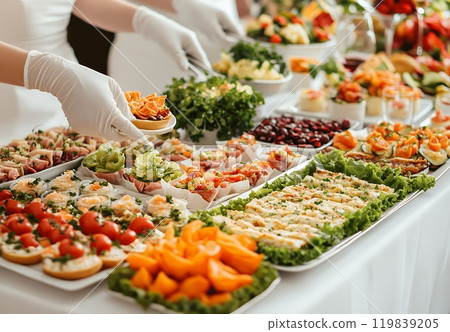 A hand in a white glove reaches for a small appetizer from a buffet table filled with food. 119839205