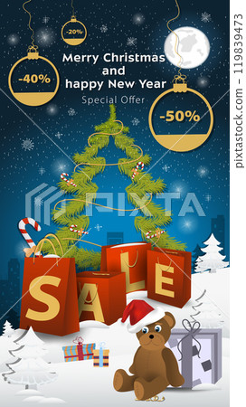 Special offer Sale inscription in the form of large packages standing in a snowy clearing a bear toy in a Santa Claus hat 119839473