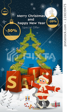 Special offer Sale inscription in the form of large packages standing in a snowy clearing A girl in a Santa Claus costume on skates 119839475