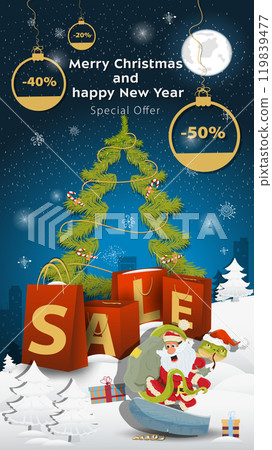 Special offer Sale inscription in the form of large packages standing in a snowy clearing a snake and Santa Claus on a snowboard 119839477