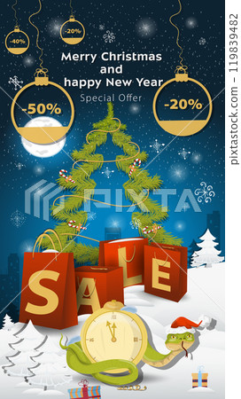 Special offer Sale inscription in the form of large packages standing in a snowy clearing A snake in a Santa Claus hat wraps around the clock 119839482