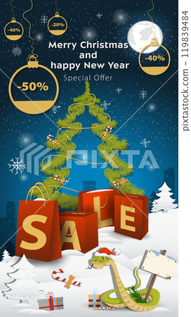 Special offer Sale inscription in the form of large packages standing in a snowy clearing A snake in a Santa hat holding a wooden sign 119839484