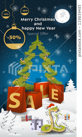 Special offer Sale inscription in the form of large packages standing in a snowy clearing A snake in a Santa hat wrapped in a garland 119839485