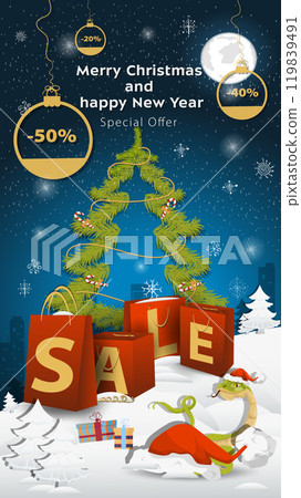 Special offer Sale inscription in the form of large packages standing in a snowy clearing A snake peeks out from behind a Santa Claus hat 119839491