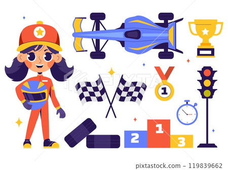 Vector Illustration of Formula Racing Sports Car Reaching the Finish Line on Race Circuit Competing to Win the Championship in a Flat Background 119839662