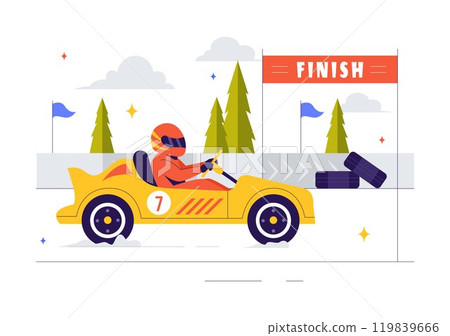 Vector Illustration of Formula Racing Sports Car Reaching the Finish Line on Race Circuit Competing to Win the Championship in a Flat Background 119839666
