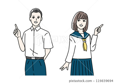 Illustration of a student in uniform giving a guided tour Illustration of a student in uniform giving a guided tour 119839694