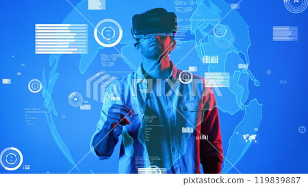 Smart man wearing VR glasses and casual cloth while looking at chart. Apparatus. 119839887