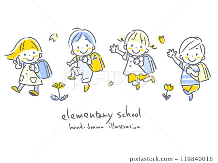 New first graders - Elementary school students happy to wear their school backpacks - Simple and cute hand-drawn illustration 119840018
