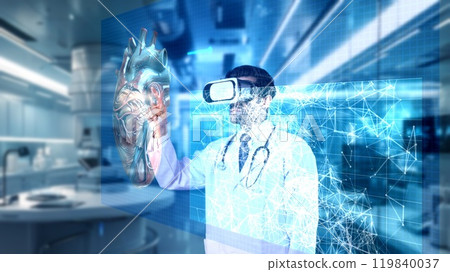 Doctor with VR headset pointing at heart hologram at laboratory. Apparatus. 119840037
