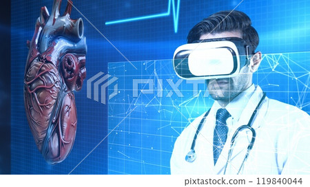 Smart doctor with VR headset looking at heart hologram at laboratory. Apparatus. 119840044