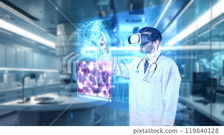 Smart medical worker checking at brain hologram by using VR headset. Apparatus. 119840128