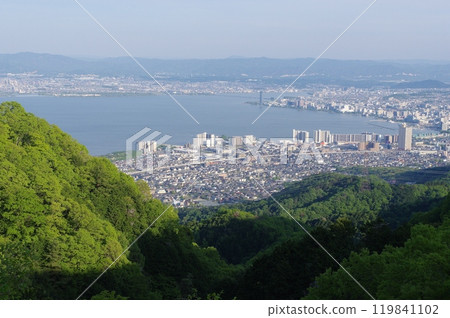 View of Lake Biwa and Otsu and Kusatsu cities from Yumemigaoka Observatory on the Mt. Hiei Driveway View of Lake Biwa and Otsu and Kusatsu cities from Yumemigaoka Observatory on the Mt. Hiei Driveway 119841102