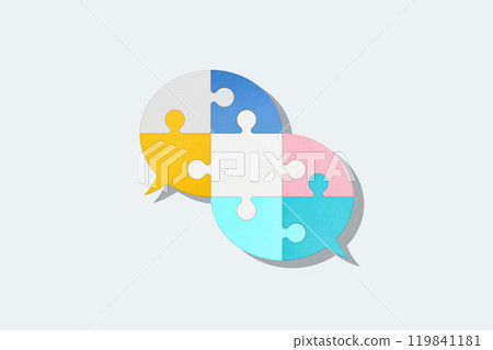 Two overlapping muted colored puzzle bubbles on a white background in the center Two overlapping muted colored puzzle bubbles on a white background in the center 119841181
