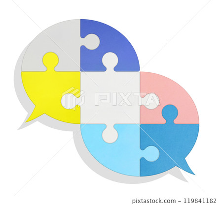 A conversation icon with two puzzle speech bubbles overlapping with a white puzzle in the center A conversation icon with two puzzle speech bubbles overlapping with a white puzzle in the center 119841182