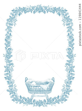 Beautiful floral frame with baby cot cradle clipart in toile de jouy line art style. Hand drawn flower composition illustration. Vintage retro floral wreath. 119841444