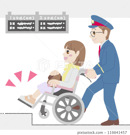 Hand-drawn style wheelchair woman and assisting station staff Hand-drawn style wheelchair woman and assisting station staff 119841457