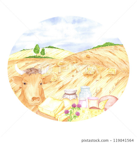 Hand drawn watercolor autumn field landscape with a cow and dairy products isolated on white background. Can be used for postcard, label, scrapbook and other printed products. Hand drawn watercolor autumn field landscape with a cow and dairy products isolated on white background. Can be used for postcard, label, scrapbook and other printed products. 119841564