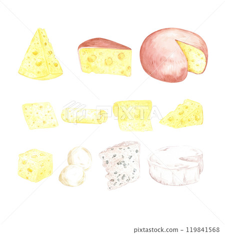 Hand drawn watercolor cheese set isolated on white background. Can be used for postcard, label, scrapbook and other printed products. 119841568