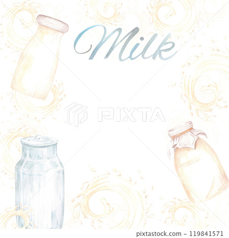 Hand drawn watercolor bottle and tin of milk with splashes frame border isolated on white background. Can be used for postcard, card, scrapbook and other printed products. 119841571