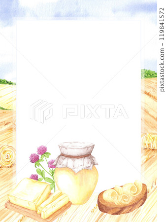 Hand drawn watercolor jar of ghee butter and sandwich with butter frame border isolated on field landscape background. Can be used for postcard, card, scrapbook and other printed products. 119841572