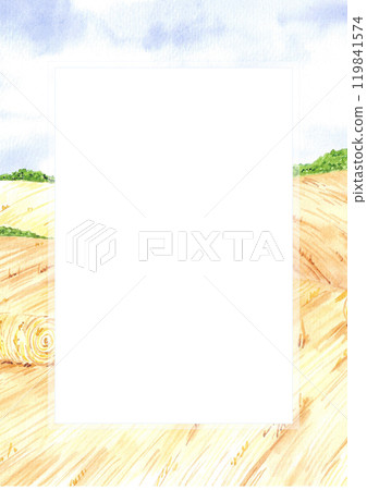 Hand drawn watercolor frame border landscape with dry fields and blue sky. Can be used for postcard, label, scrapbook and other printed products. Hand drawn watercolor frame border landscape with dry fields and blue sky. Can be used for postcard, label, scrapbook and other printed products. 119841574