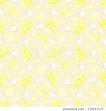 Hand drawn watercolor piece slice cube of cheese seamless pattern isolated on creamy background. Can be used for textile, fabric, scrapbook and other printed products. Hand drawn watercolor piece slice cube of cheese seamless pattern isolated on creamy background. Can be used for textile, fabric, scrapbook and other printed products. 119841575