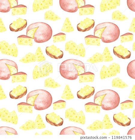 Hand drawn watercolor head and piece of cheese seamless pattern isolated on white background. Can be used for textile, fabric, scrapbook and other printed products. 119841576