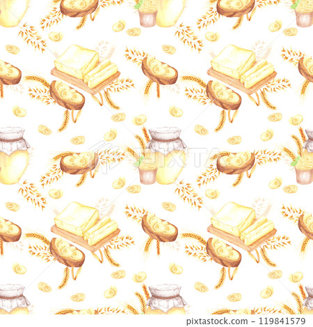 Hand drawn watercolor jar of ghee butter and sandwiches with butter and spikes seamless pattern isolated on white background. Can be used for textile, fabric, scrapbook and other printed products. Hand drawn watercolor jar of ghee butter and sandwiches with butter and spikes seamless pattern isolated on white background. Can be used for textile, fabric, scrapbook and other printed products. 119841579