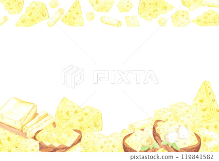 Hand drawn watercolor cheese pieces butter and sandwiches frame border isolated on white background. Can be used for postcard, card, scrapbook and other printed products. 119841582