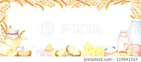 Hand drawn watercolor dairy products and wheat spikes banner frame border isolated on white background. Can be used for postcard, card, scrapbook and other printed products. Hand drawn watercolor dairy products and wheat spikes banner frame border isolated on white background. Can be used for postcard, card, scrapbook and other printed products. 119841583