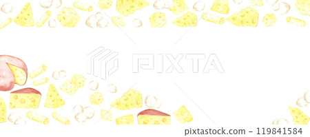 Hand drawn watercolor different kinds of cheese pieces frame border isolated on white background. Can be used for postcard, card, scrapbook and other printed products. Hand drawn watercolor different kinds of cheese pieces frame border isolated on white background. Can be used for postcard, card, scrapbook and other printed products. 119841584