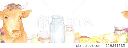 Hand drawn watercolor dairy products and cow seamless frame border isolated on white background. Can be used for textile, card, scrapbook and other printed products. 119841585