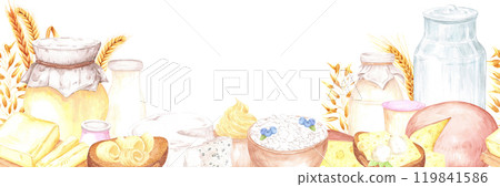Hand drawn watercolor dairy products and wheat spikes seamless frame border isolated on white background. Can be used for textile, card, scrapbook and other printed products. 119841586