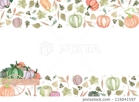 Hand drawn watercolor ripe pumpkins in the wooden cart and leaves frame border isolated on white background. Rural illustration Can be used for postcard, business card and other printed products. 119841597